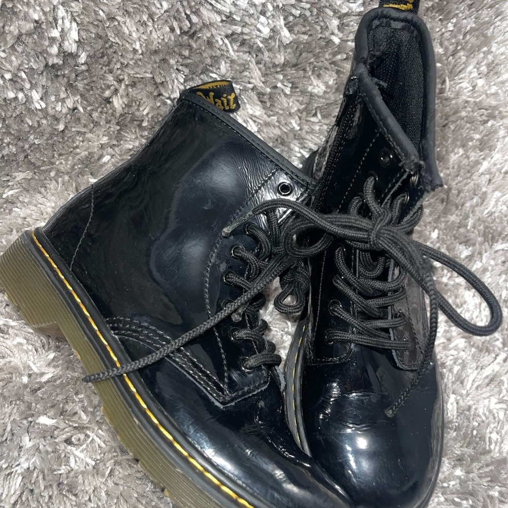 Dr. Martens Shiny Black Boots with Yellow Stitching